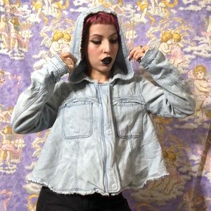 Free people light wash denim zip up hooded jacket